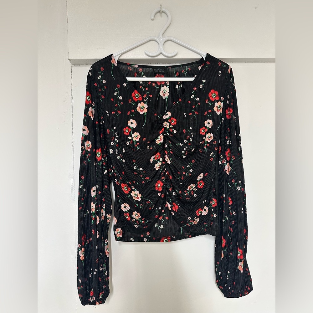 Topshop Black and Red Floral Ruched Long Sleeve Blouse